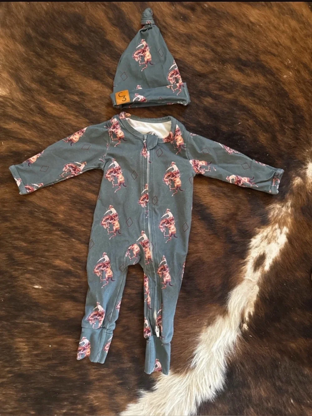 Cowkid clothing co pajama and matching hat. Size 0-3 month